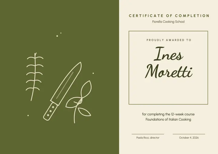Culinary course certificate template