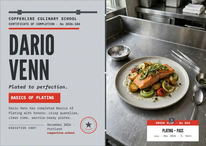 Copperline plating certificate on steel: culinary certificate template