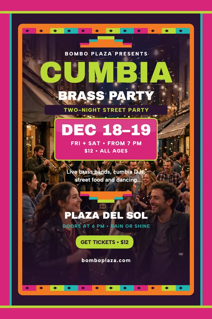 Bombo Plaza cumbia brass party poster template