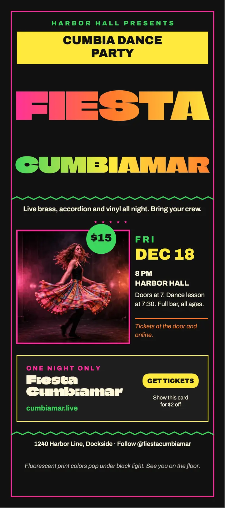 Fiesta Cumbiamar chicha poster, Harbor Hall template
