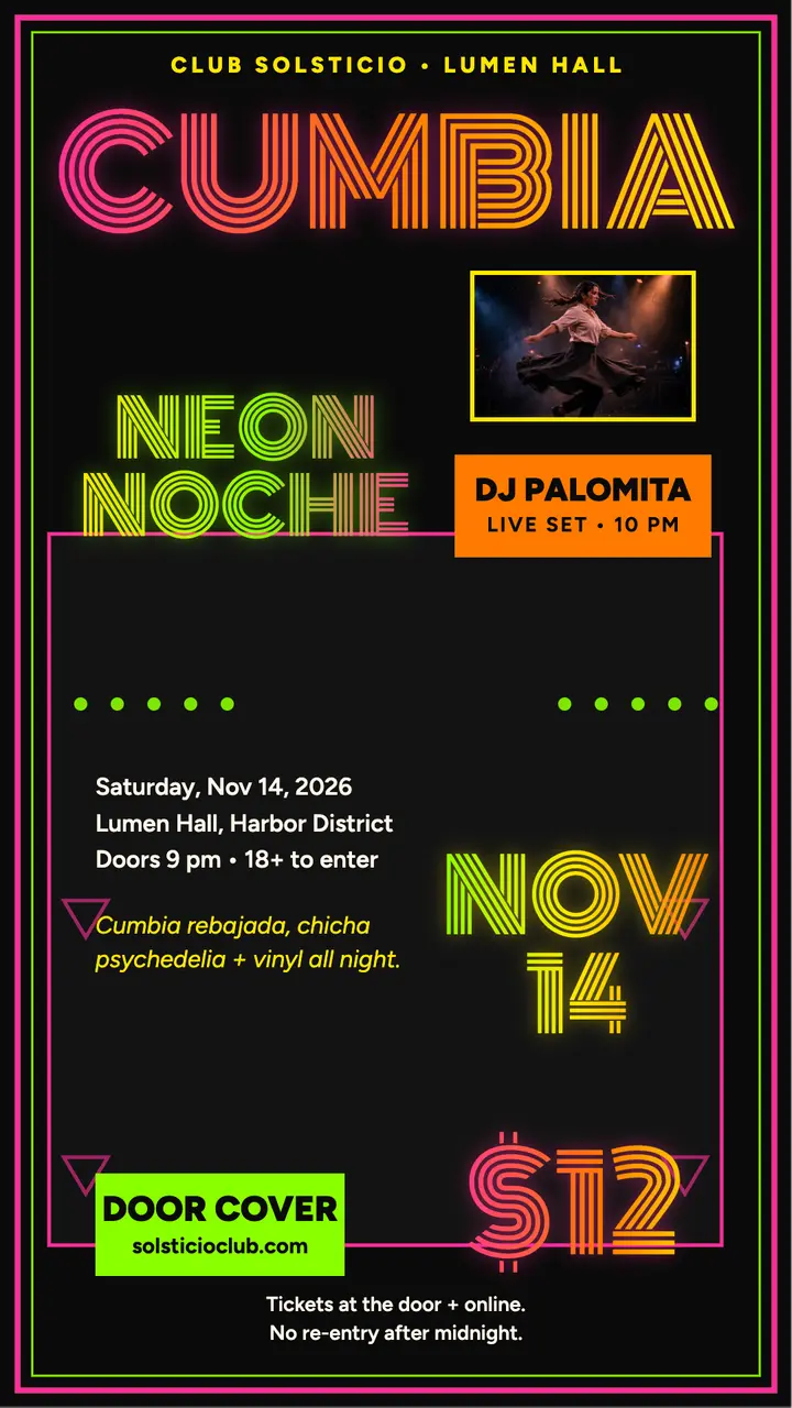 Solsticio cumbia neon night poster template