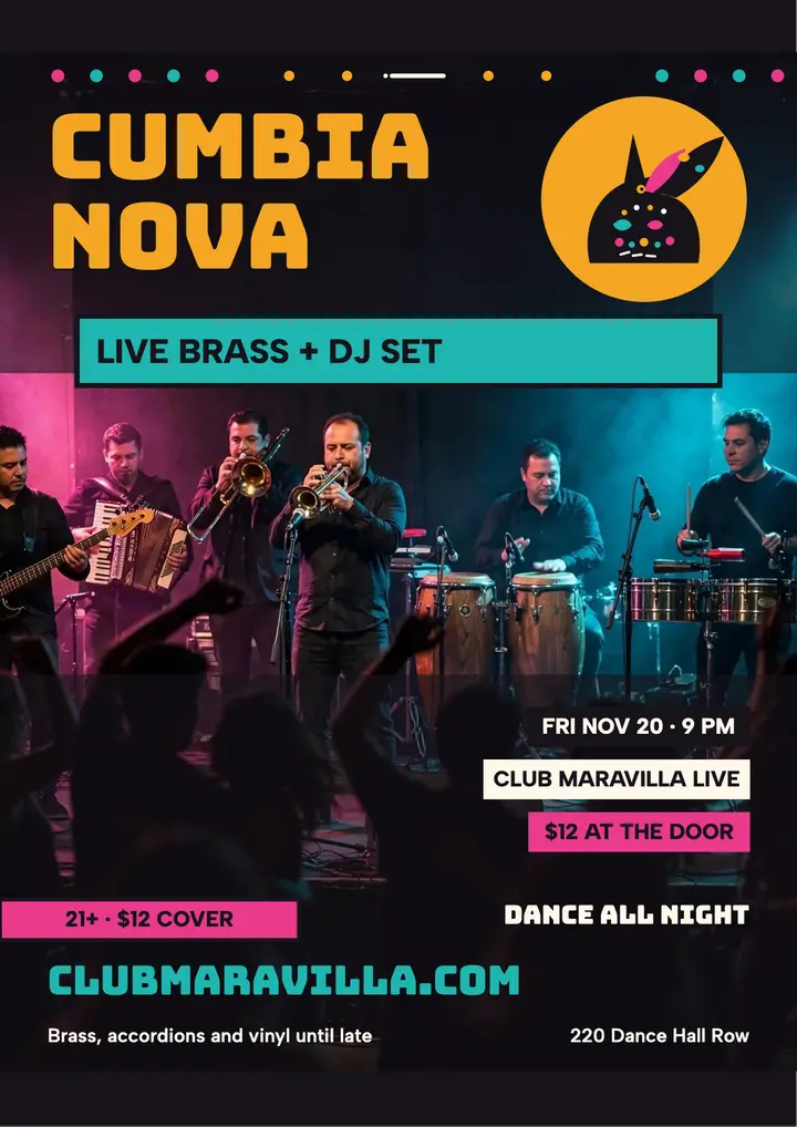 Cumbia Nova dance night flyer: cumbia dance night flyer template