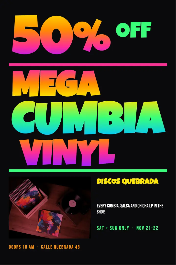 Cumbia vinyl sale poster, chicha style: vinyl record sale poster template