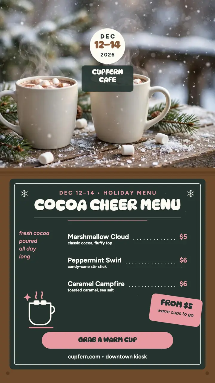 Cupfern Cafe holiday cocoa menu story template