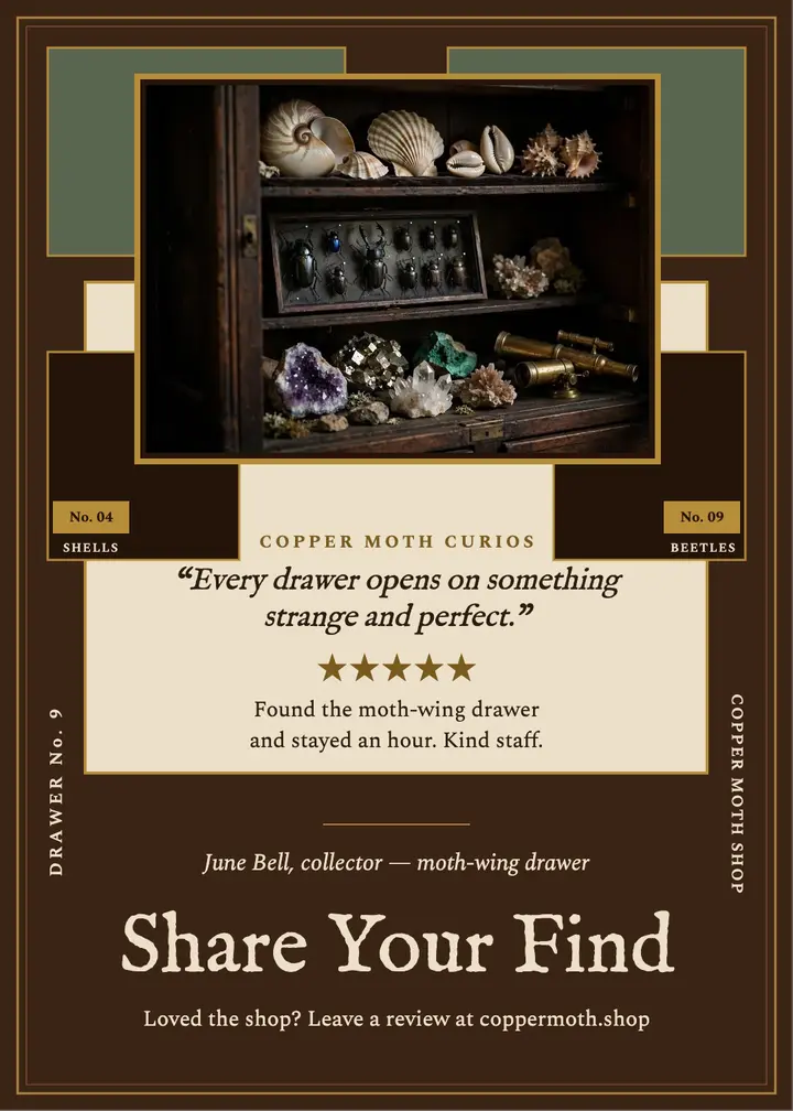 Copper Moth Curios review invitation template