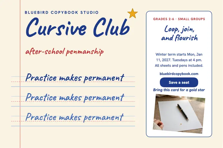 Bluebird cursive class copybook postcard template