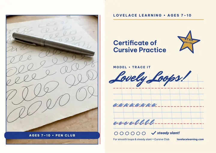 Cursive Club copybook certificate: cursive certificate template