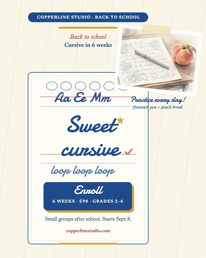 Copperline cursive class copybook post: cursive class post template