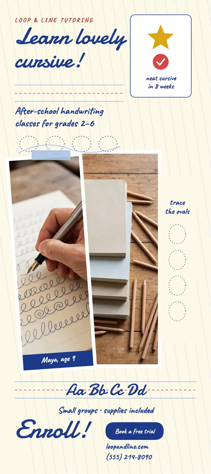 Loop and Line cursive copybook rack card: cursive tutoring rack card template