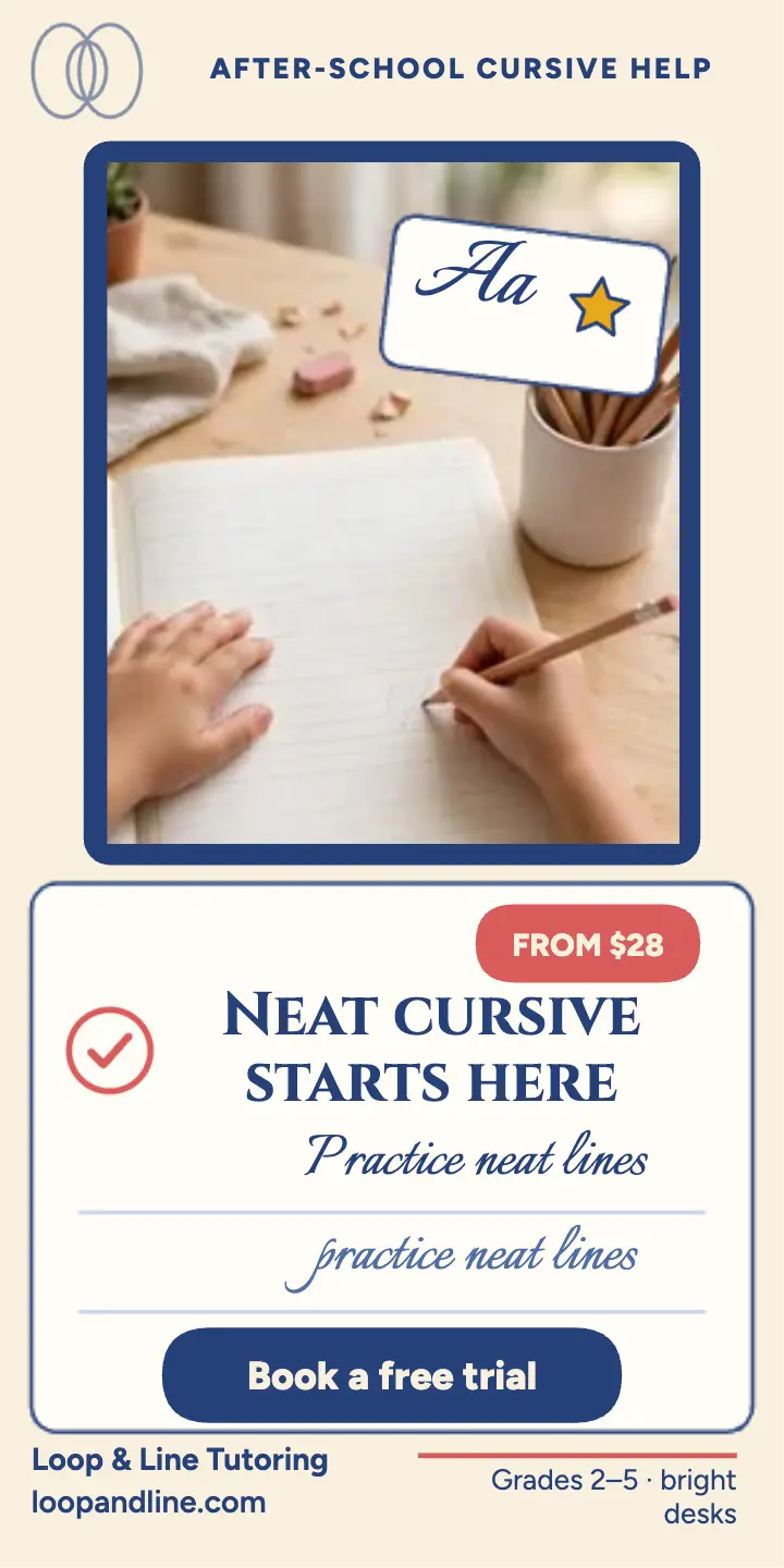 Loop and Line cursive tutoring half page ad template