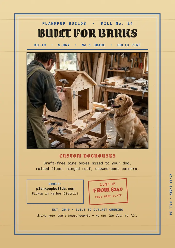 Plankpup custom doghouse stamp flyer: doghouse builder flyer template