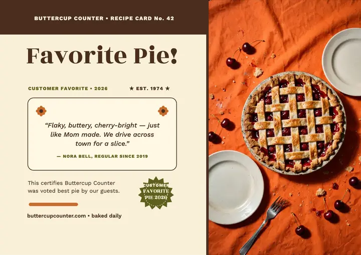 Buttercup Counter favorite pie certificate: pie award certificate template