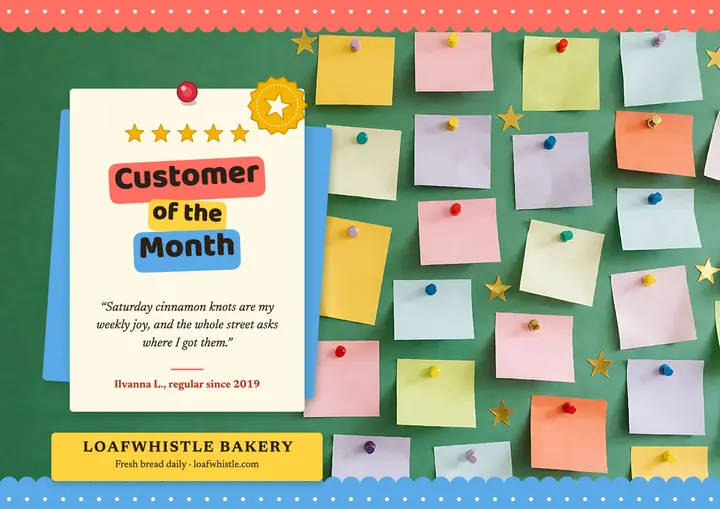 Customer of the Month bakery review card, bulletin board: customer of the month card template