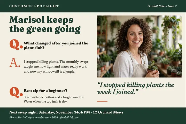 Plant club customer spotlight Q&A: customer spotlight postcard template