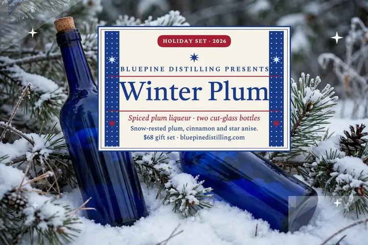 Bluepine spiced plum holiday gift postcard: holiday liqueur gift postcard template