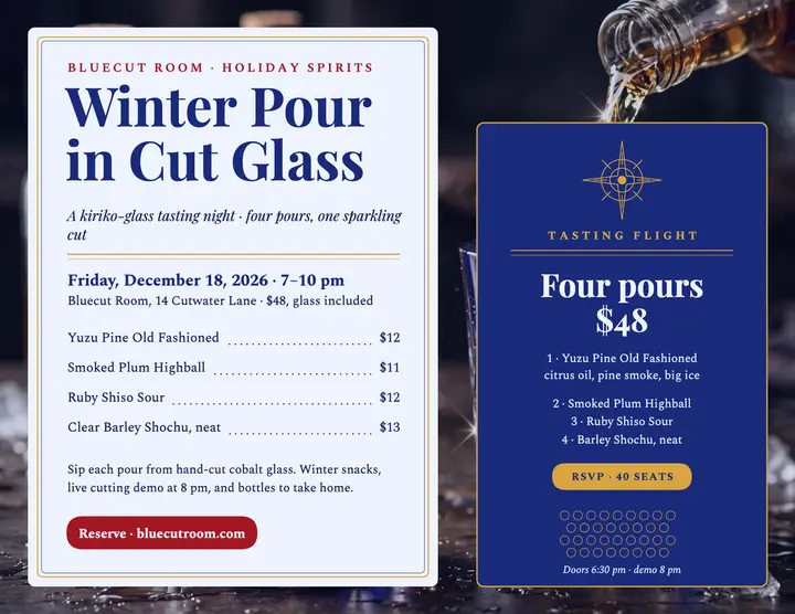 Bluecut Room winter pour tasting flyer template