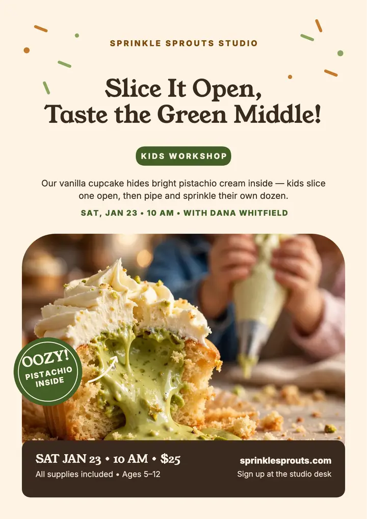 Sprinkle Sprouts cupcake workshop flyer: cupcake workshop flyer template