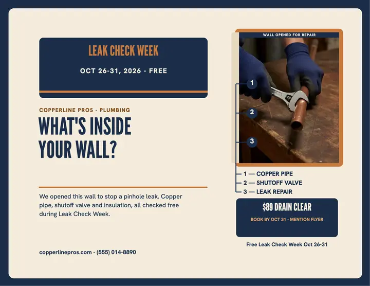 Copperline wall cutaway leak flyer: plumber leak flyer template