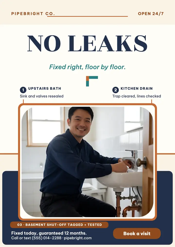 Pipebright leak-free floor by floor flyer template