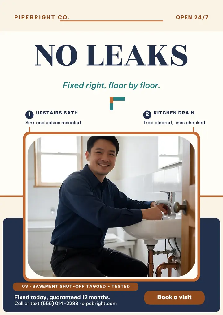 Pipebright leak-free floor by floor flyer template