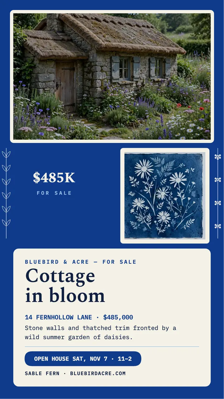 Garden cottage cyanotype story template