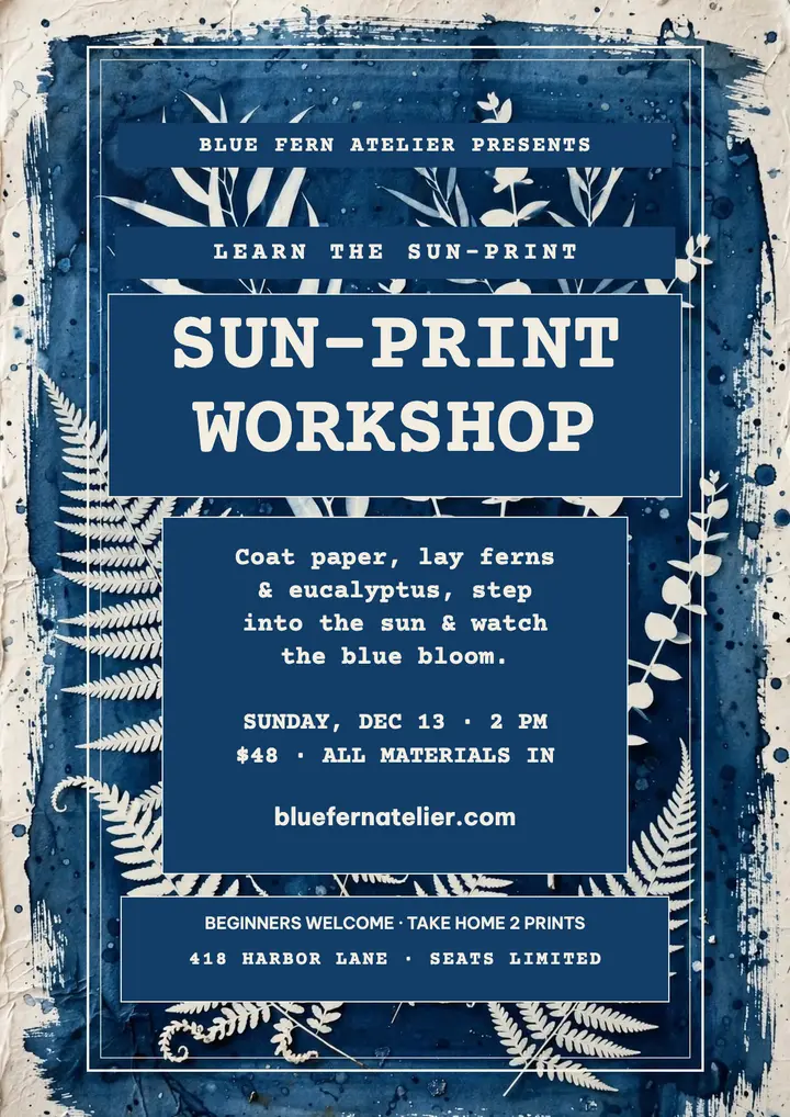 Blue Fern cyanotype sun-print workshop flyer template