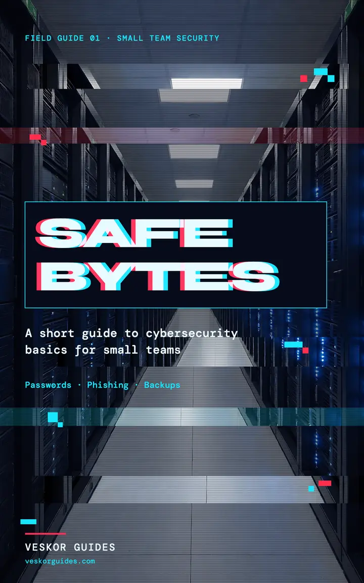 Small-team security guide ebook cover, glitch split server aisle: ebook cover template