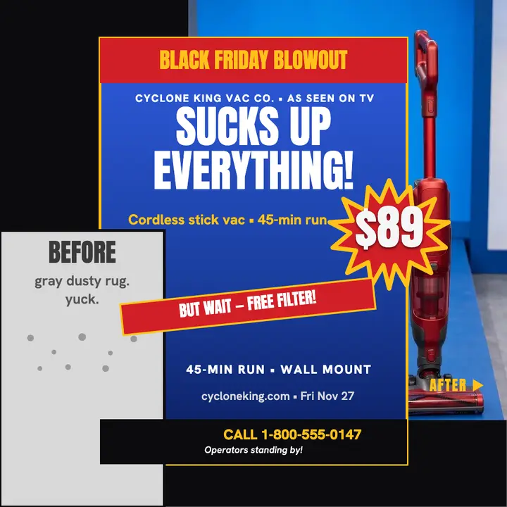 Cyclone King vacuum TV offer post template