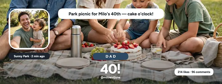 Milo turns 40 park picnic cover: dad birthday facebook cover template