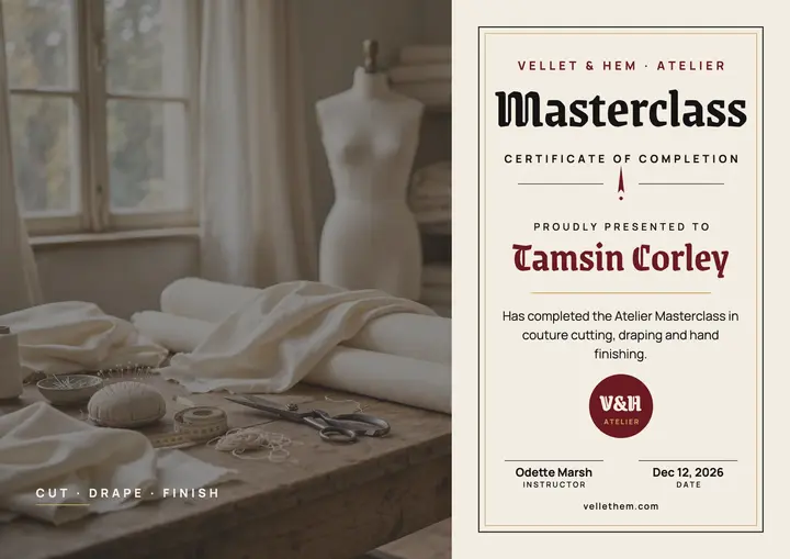 Vellet and Hem atelier masterclass certificate template
