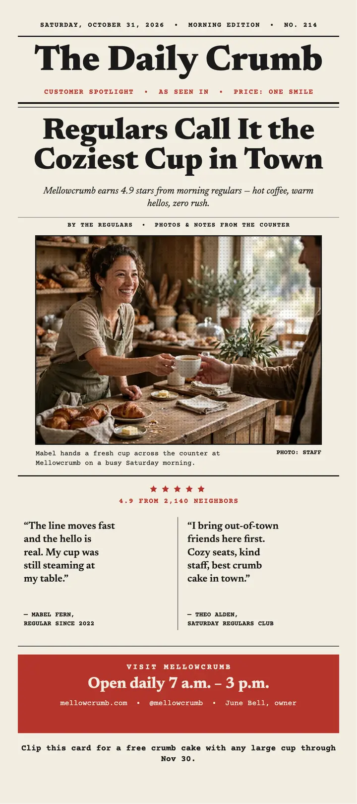 Daily Crumb cafe review rack card: cafe review rack card template