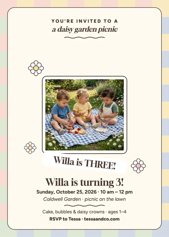 Willa daisy picnic birthday invitation template