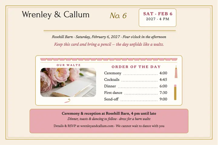 Wrenley and Callum dance card postcard: wedding order of day card template