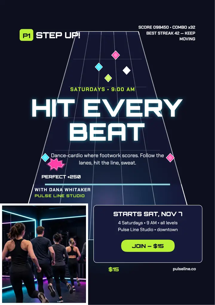 Pulse Line dance cardio rhythm flyer: dance cardio flyer template