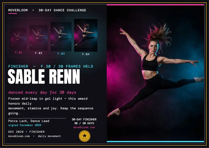 Movebloom dance challenge finisher certificate template