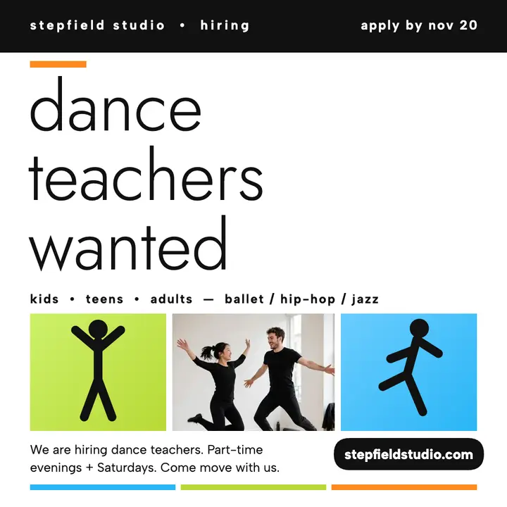Stepfield dance teachers wanted post template