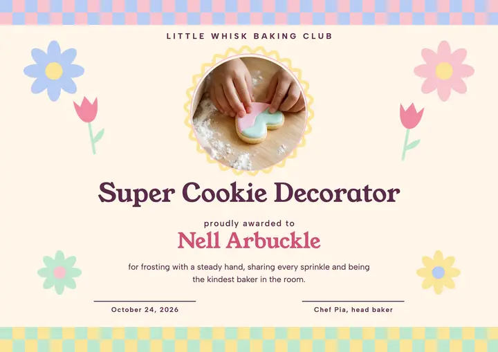 Little Whisk baking club certificate: kids baking certificate template