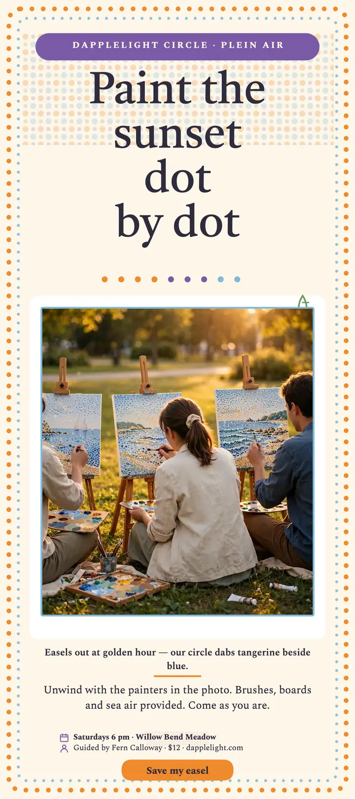 Dapplelight sunset paint meetup rack card: sunset painting meetup rack card template