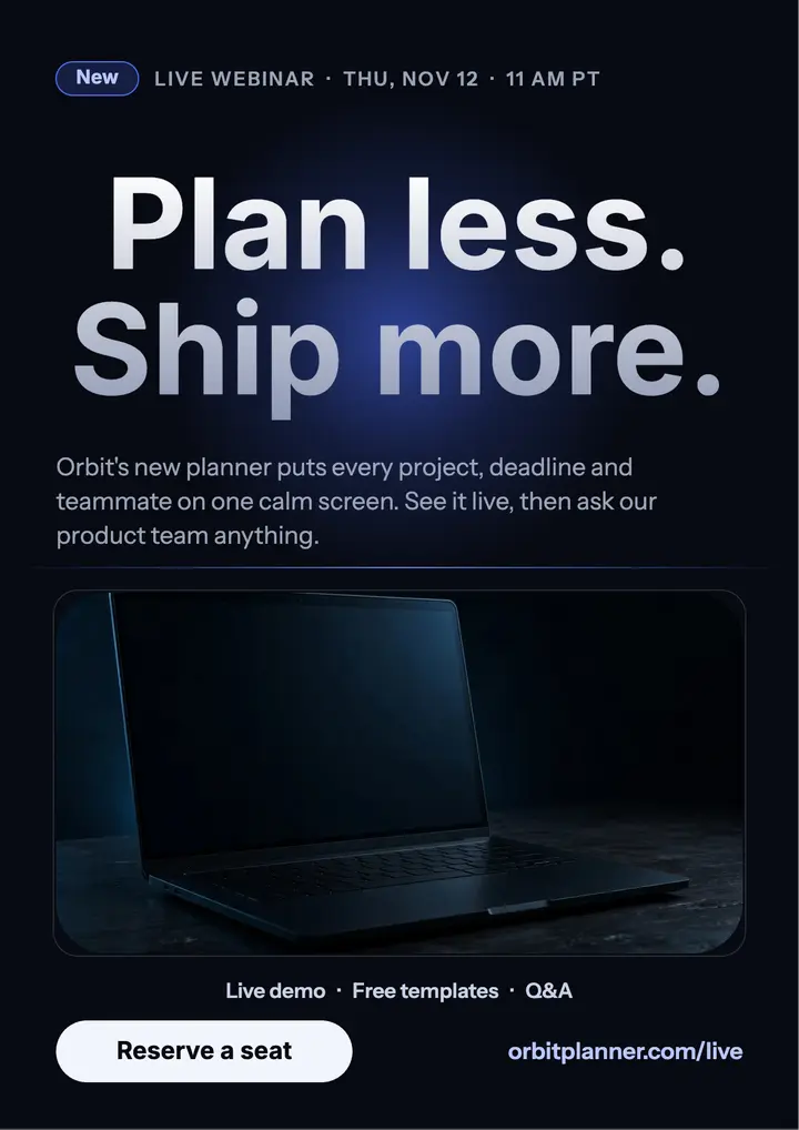 Orbit planner live webinar flyer, dark glow: webinar flyer template