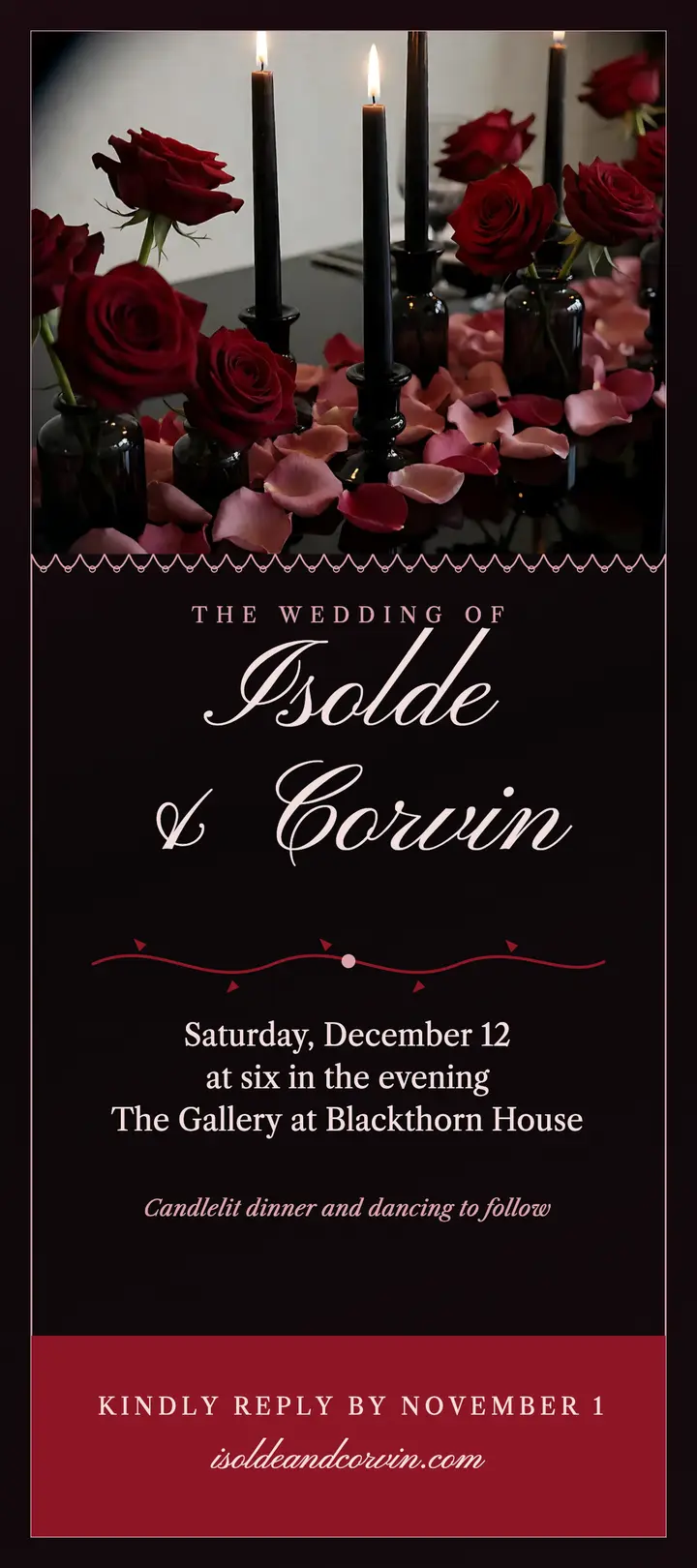 Isolde and Corvin gothic wedding invitation: wedding invitation rack card template