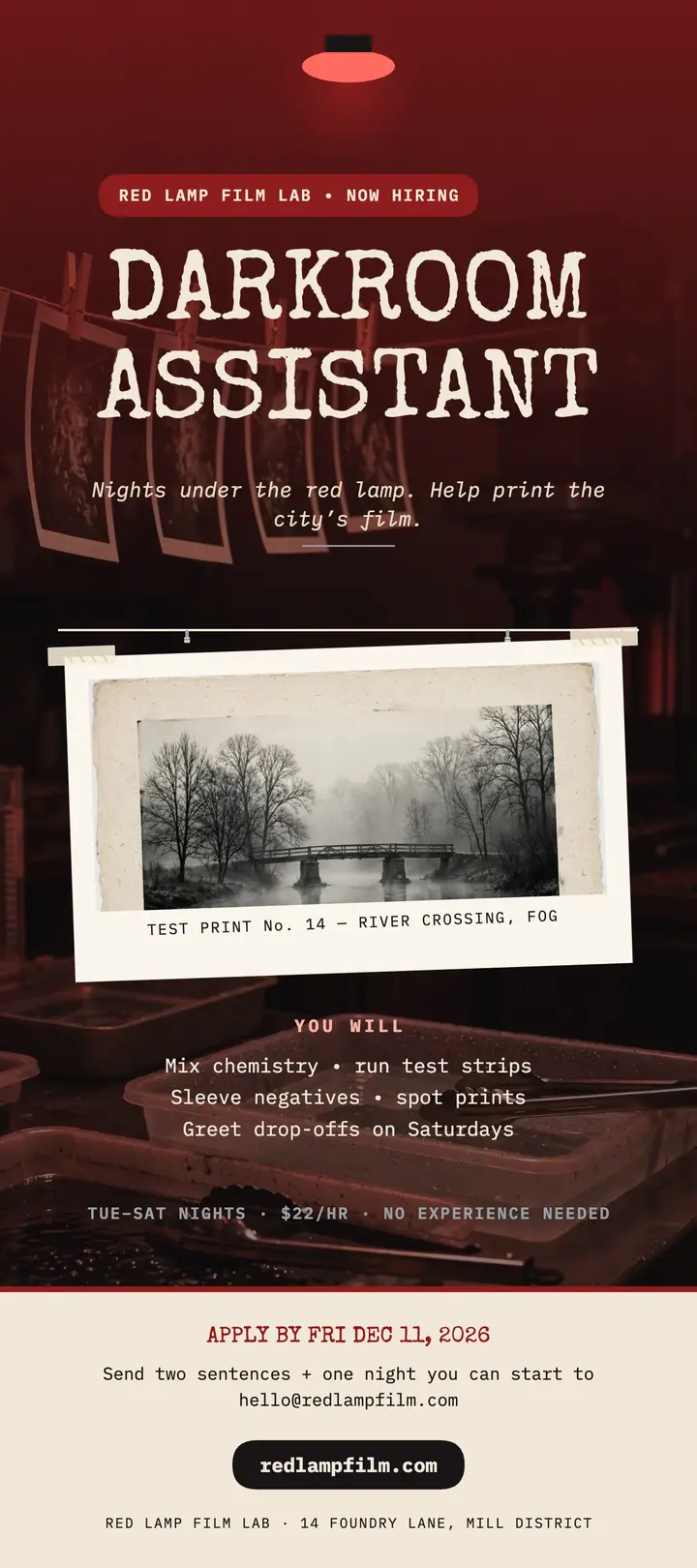 Red Lamp darkroom assistant hiring card template