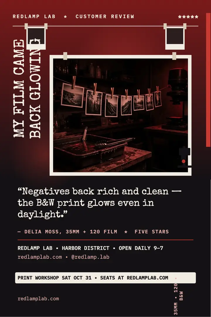 Redlamp Lab review poster, darkroom: photo lab review poster template