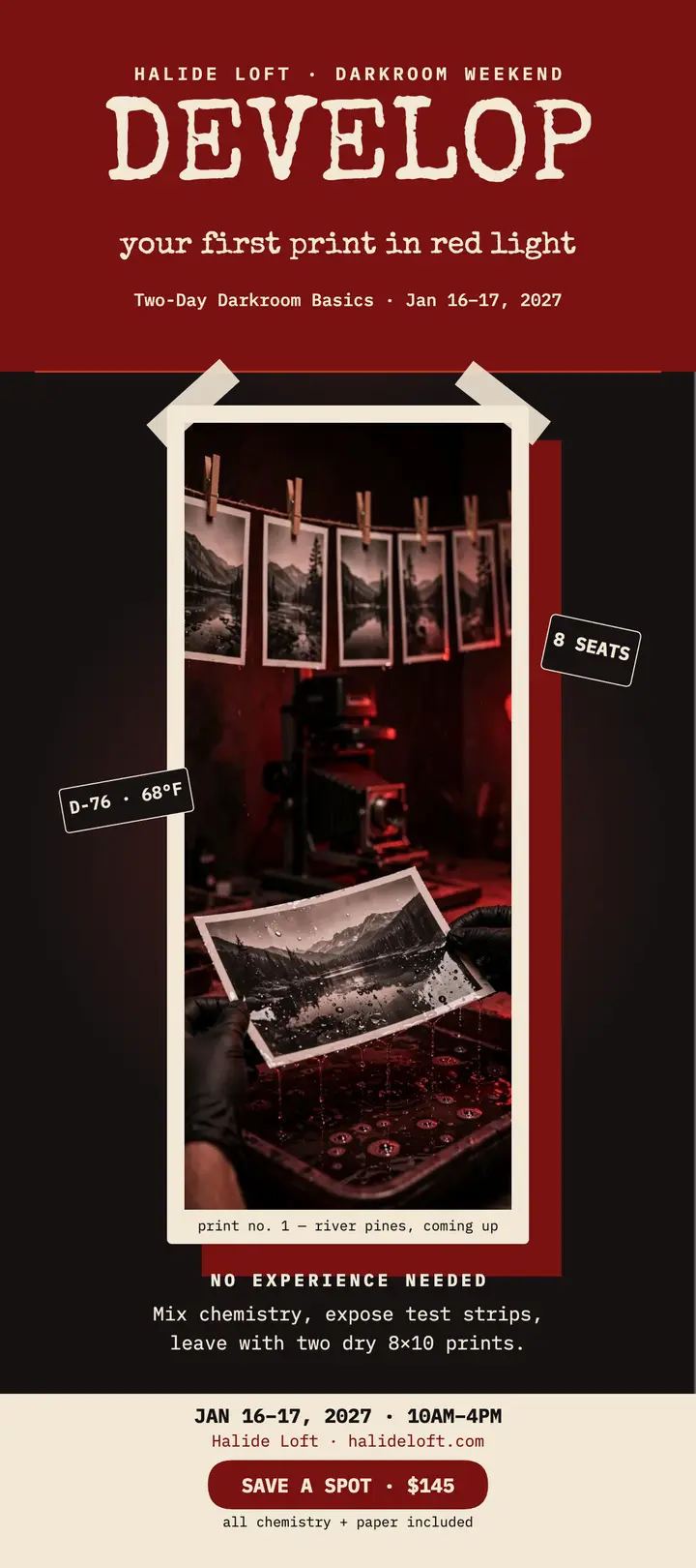 Halide Loft darkroom basics rack card: darkroom workshop rack card template