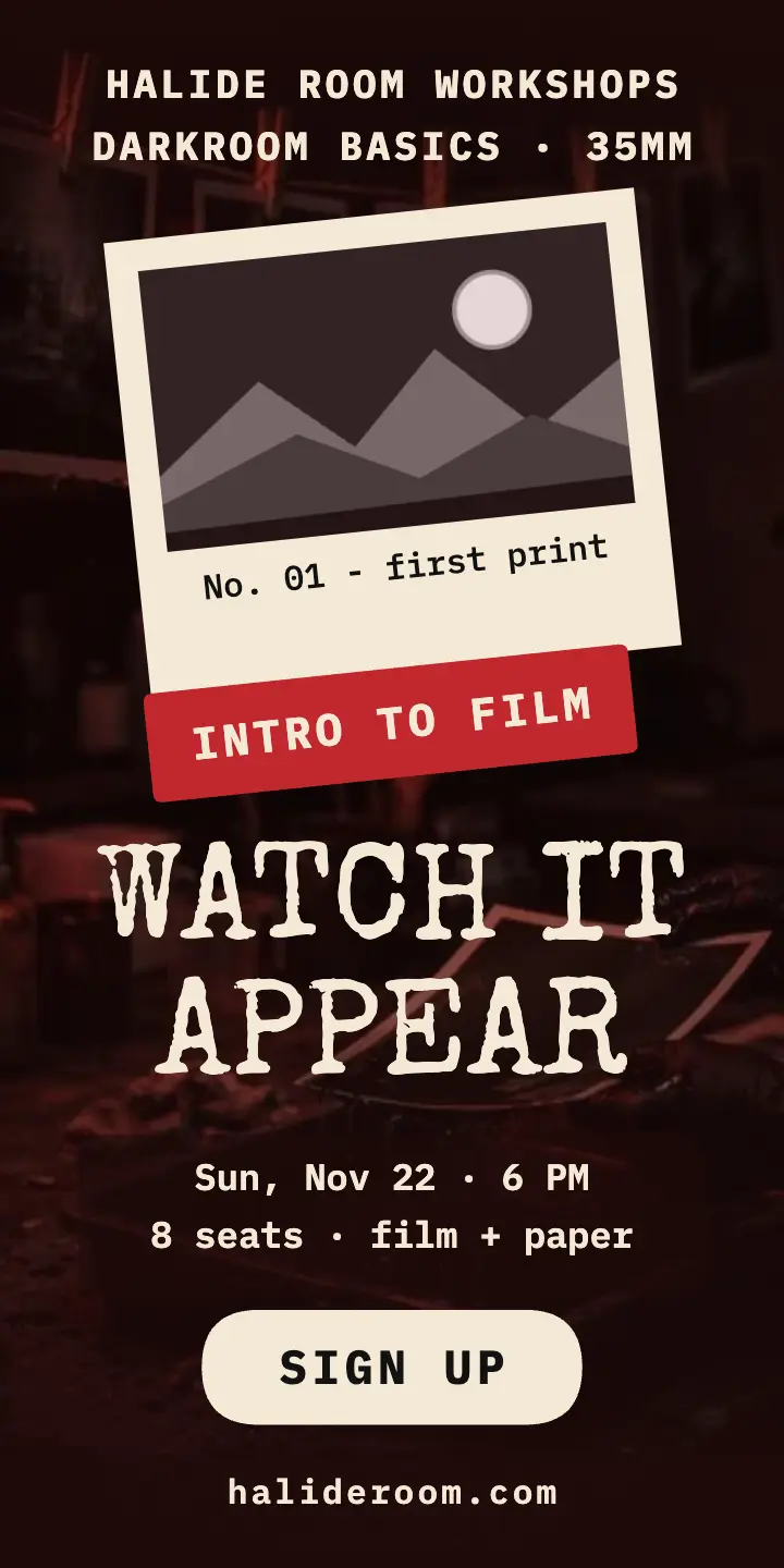 Halide Room darkroom workshop half-page ad template