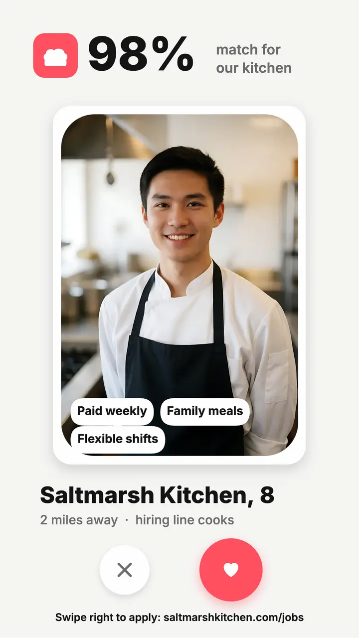 Saltmarsh Kitchen hiring profile card story: restaurant hiring story template