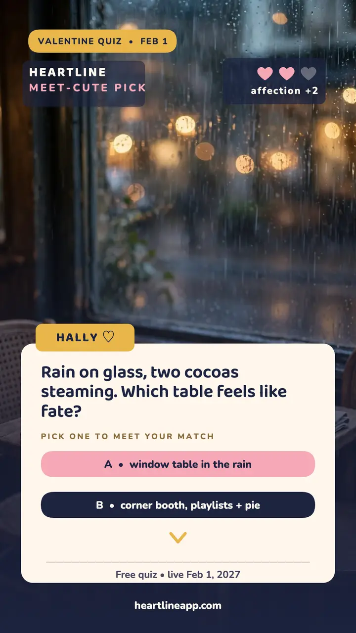 Heartline meet-cute quiz dialogue story template