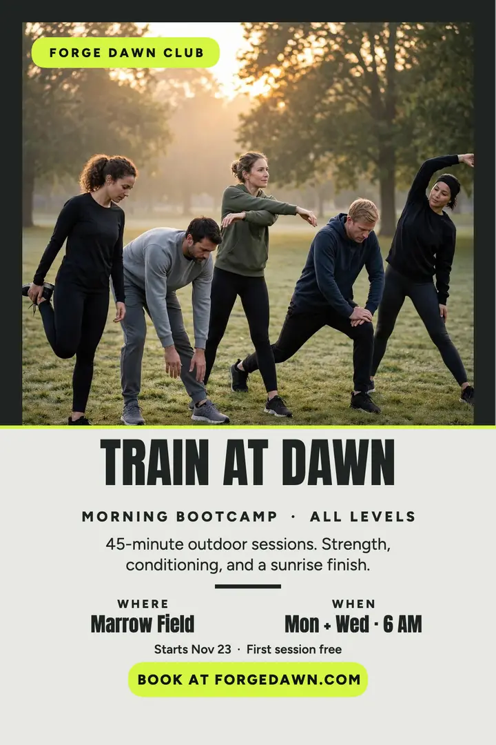 Forge Dawn Club bootcamp split poster template