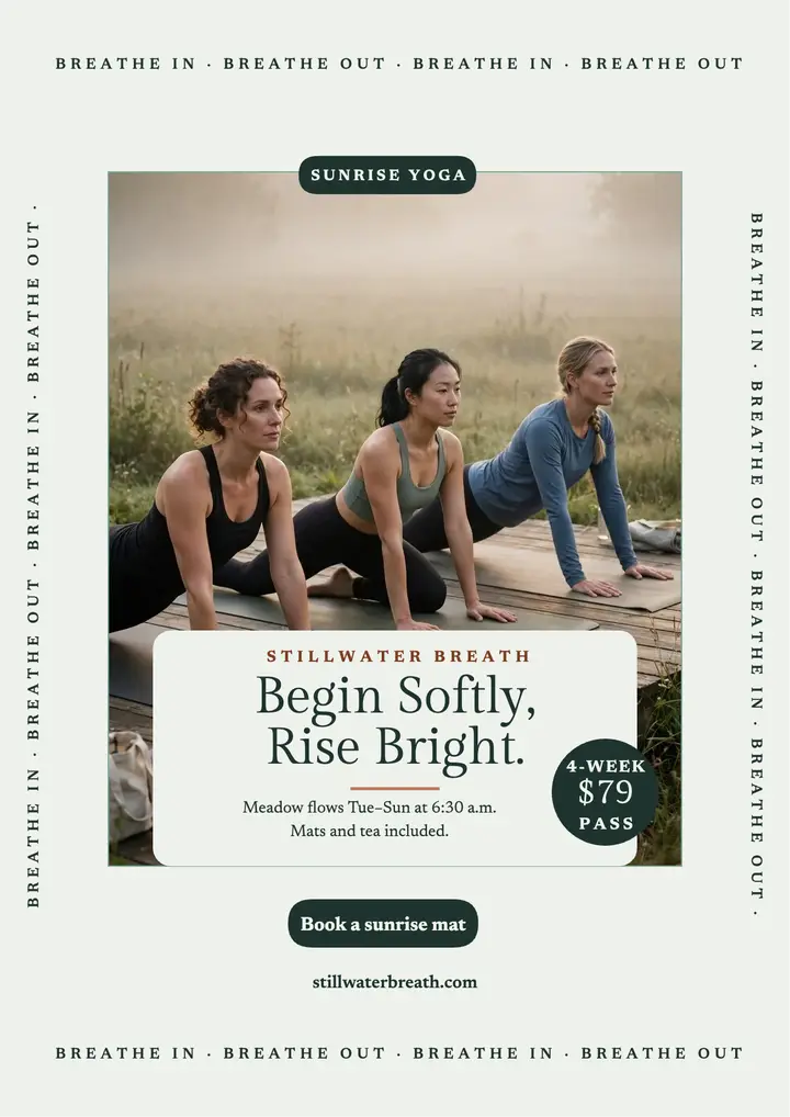 Stillwater Breath sunrise yoga flyer: sunrise yoga flyer template