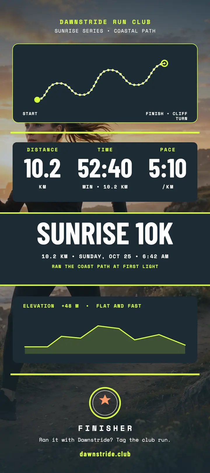 Dawnstride sunrise 10K stats rack card template