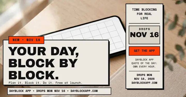 Dayblock app launch brutalist post template
